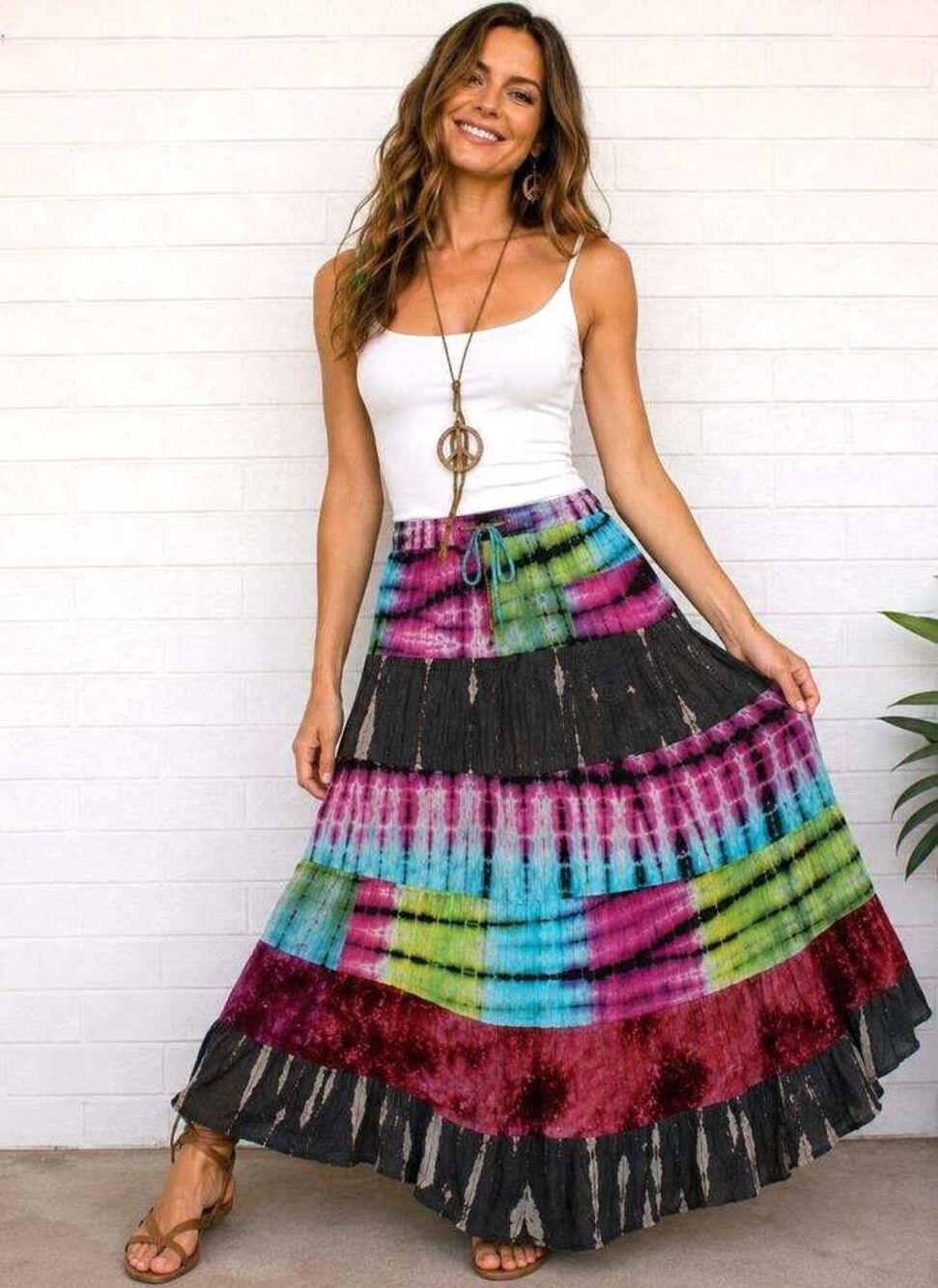NWT Sacred Threads L XL Boho Goddess Colorful Tiered Crinkle Rayon Full Skirt